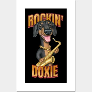 Fun Doxie Dog playing sax on Rockin Doxie tee Posters and Art